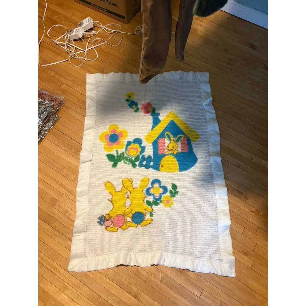 Vintage Waffle Weave Baby blanket Satin Trim Bunny Rabbit House